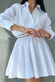 Beyaz Beli Lastikli Fermuarlı Uzun Kollu Elbise SY-2545-Beyaz