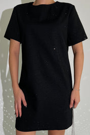 Siyah Taş Baskılı Kısa Kollu Elbise SY-2812-Siyah
