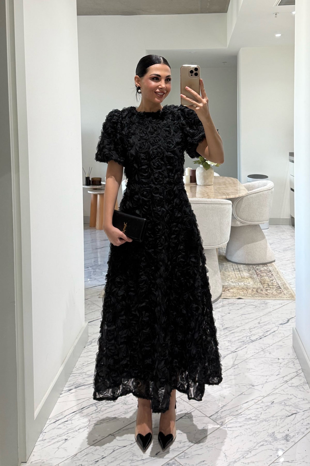 Gül Detaylı Siyah Rosella Özel Tasarım Elbise SY-3519-Siyah