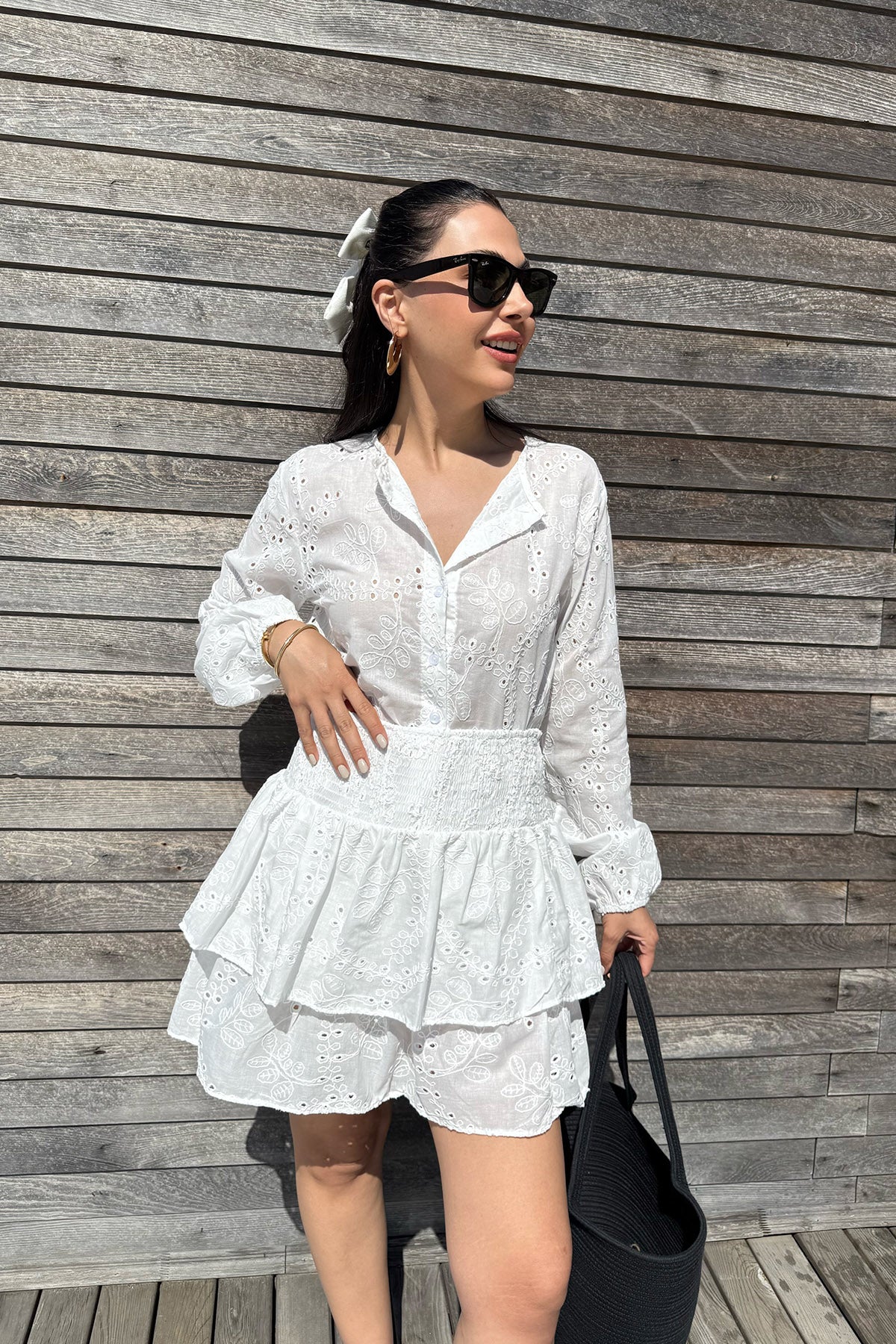 Beyaz Fistolu Gömlek Etek Takım SY-3120-Beyaz