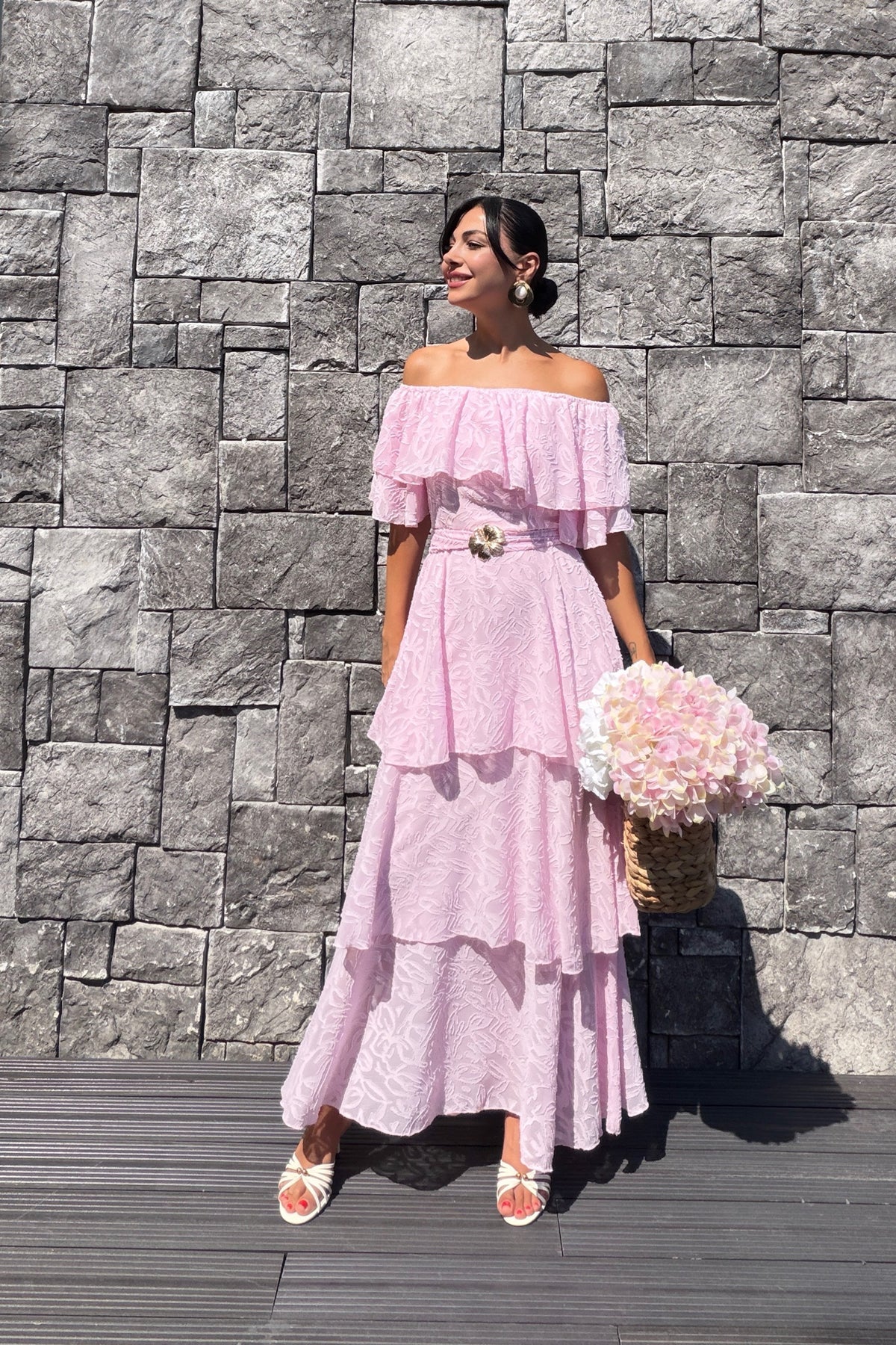 Alora Pembe Kat Kat Volanlı Elbise SY-3807-Pembe