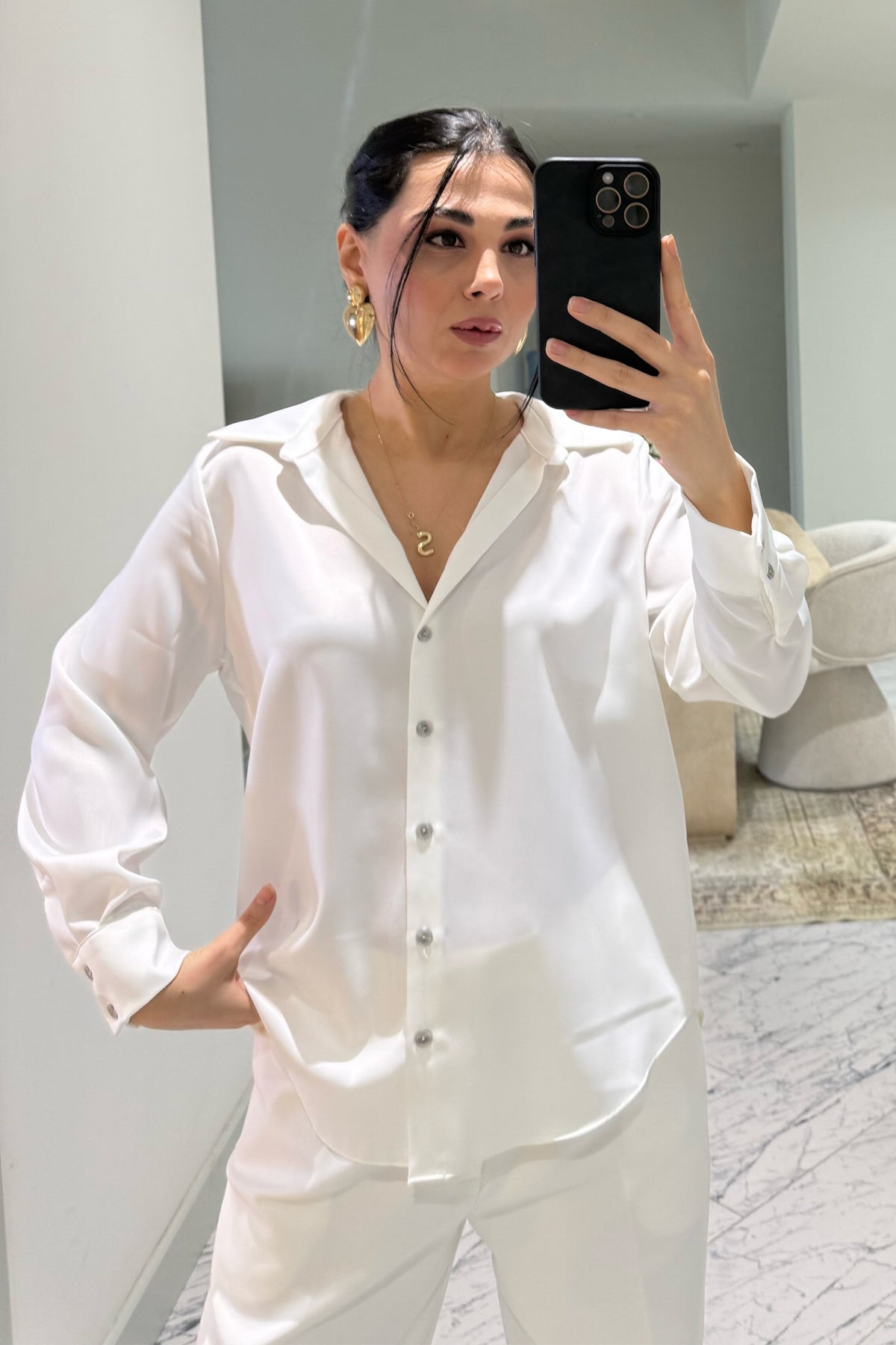 Beyaz Basic Premium Saten Gömlek SY-3684-Beyaz