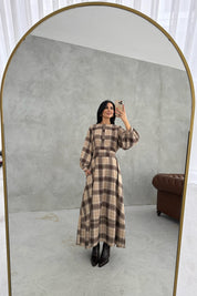 Ekose Desenli Kuşaklı Midi Elbise SY-3465-Kahverengi