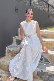 Santorini Çiçek Desenli Midi Elbise-Beyaz SY-3661-Beyaz
