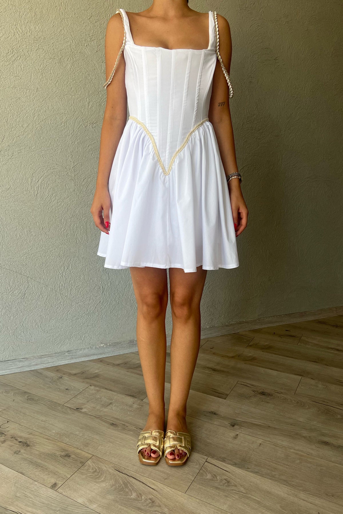 Beyaz Ravello Korse Detay Elbise SY-2375-Beyaz