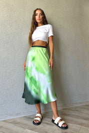 Yeşil Batik Desen Beli Lastikli Saten Etek SY-0892-Yeşil