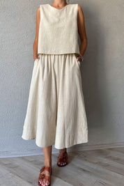 Taş Keten Bluz ve Beli Lastikli Pantolon Takım SY-0766-Taş