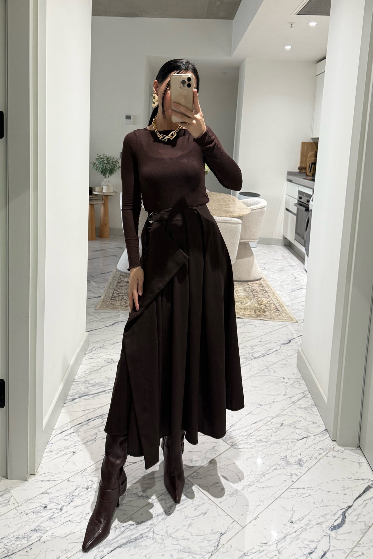 Kahve Taka Detaylı Pareo Kloş Etek SY-3536-Kahve