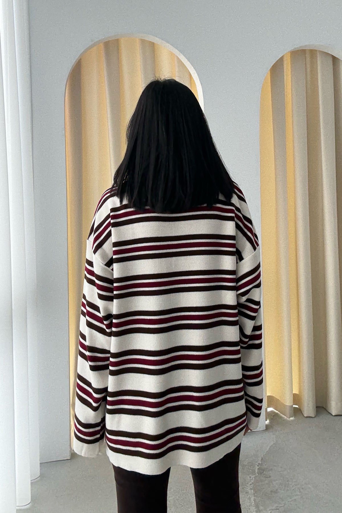 Kahve-Ekru Polo Yaka Çizgili Kazak SY-3475-Kahverengi