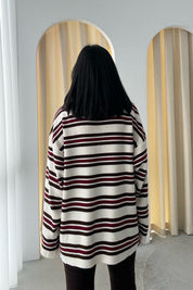 Kahve-Ekru Polo Yaka Çizgili Kazak SY-3475-Kahverengi