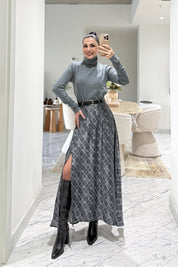 Gri Kare Detaylı Kemerli Etek SY-3573-Gri
