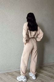 Bej Uzun Kollu Crop Eşofman Takımı SY-1154-Bej