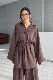 Kahve Çizgili Pantolon Üst Takım SY-3431-Kahve