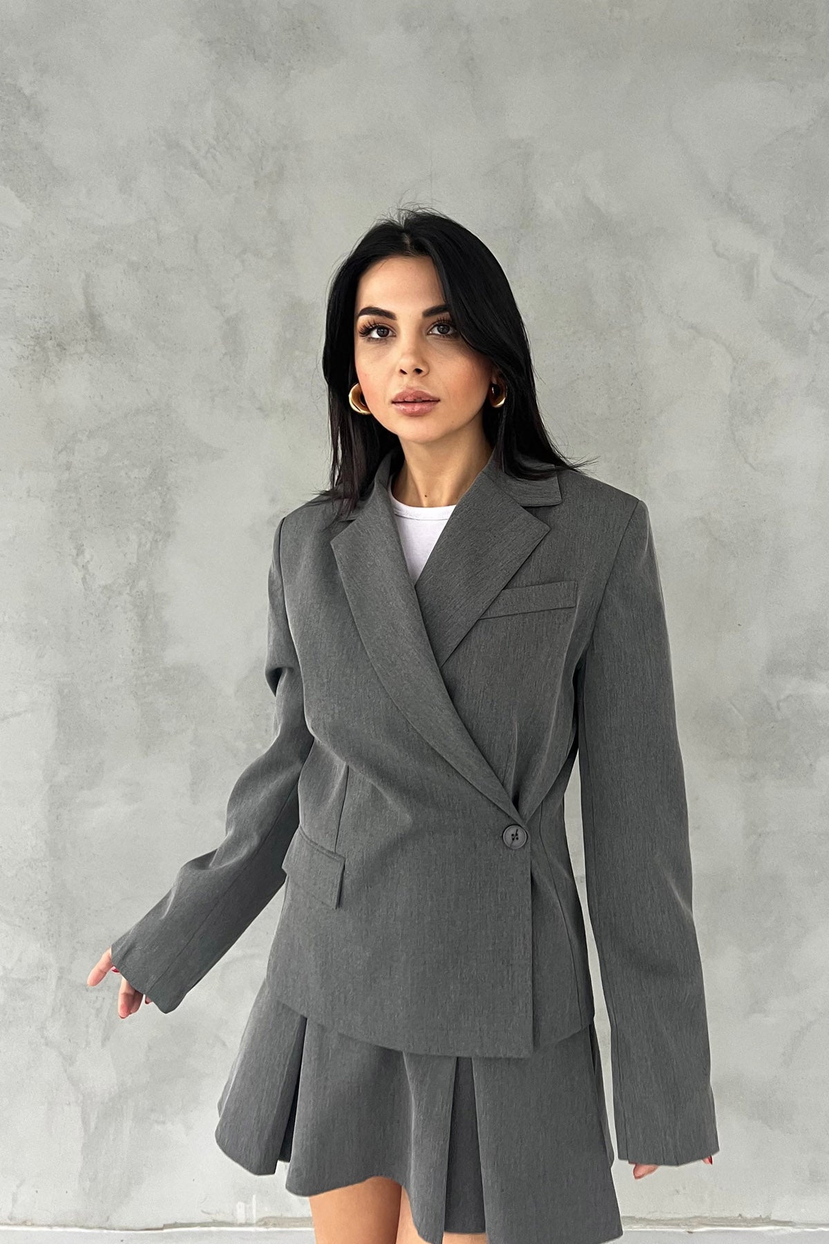 Gri Kruvaze Yandan Düğmeli Blazer Ceket SY-2546-Gri