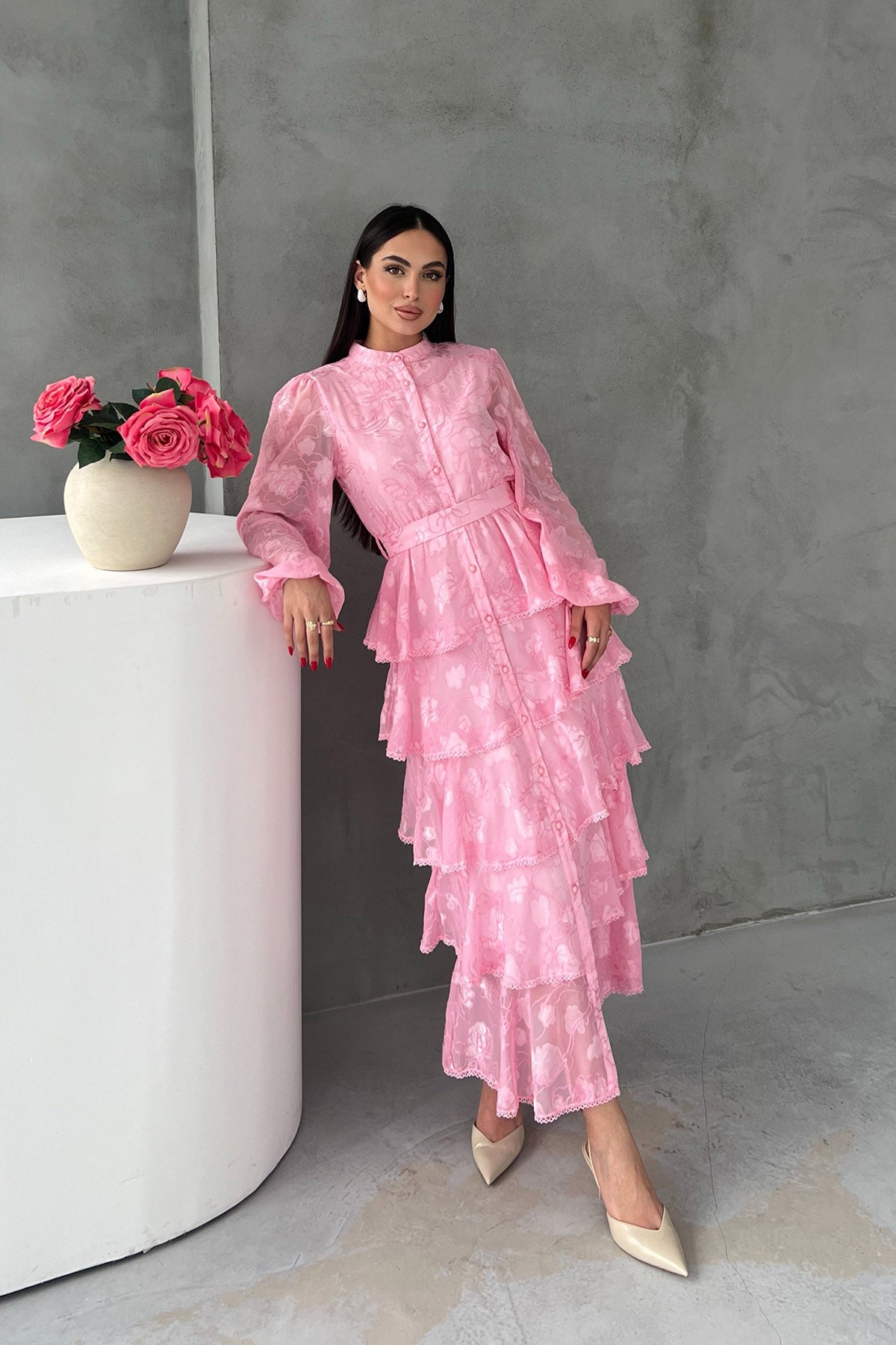 Pembe Valonlu Şerit Detaylı Kat Kat Elbise SY-1747-Şeker Pembe