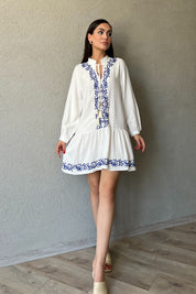 Beyaz Nakış Detaylı Keten Elbise SY-2043-Beyaz