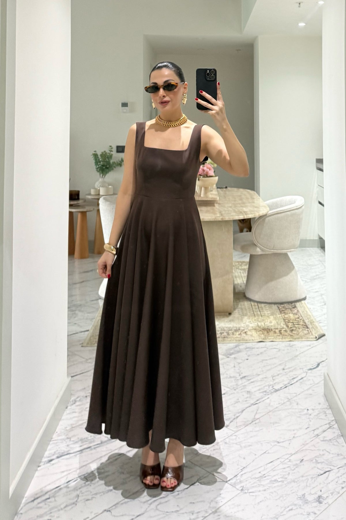 Kahve Kare Yaka Füsun Prenses Elbise SY-3649-Kahve