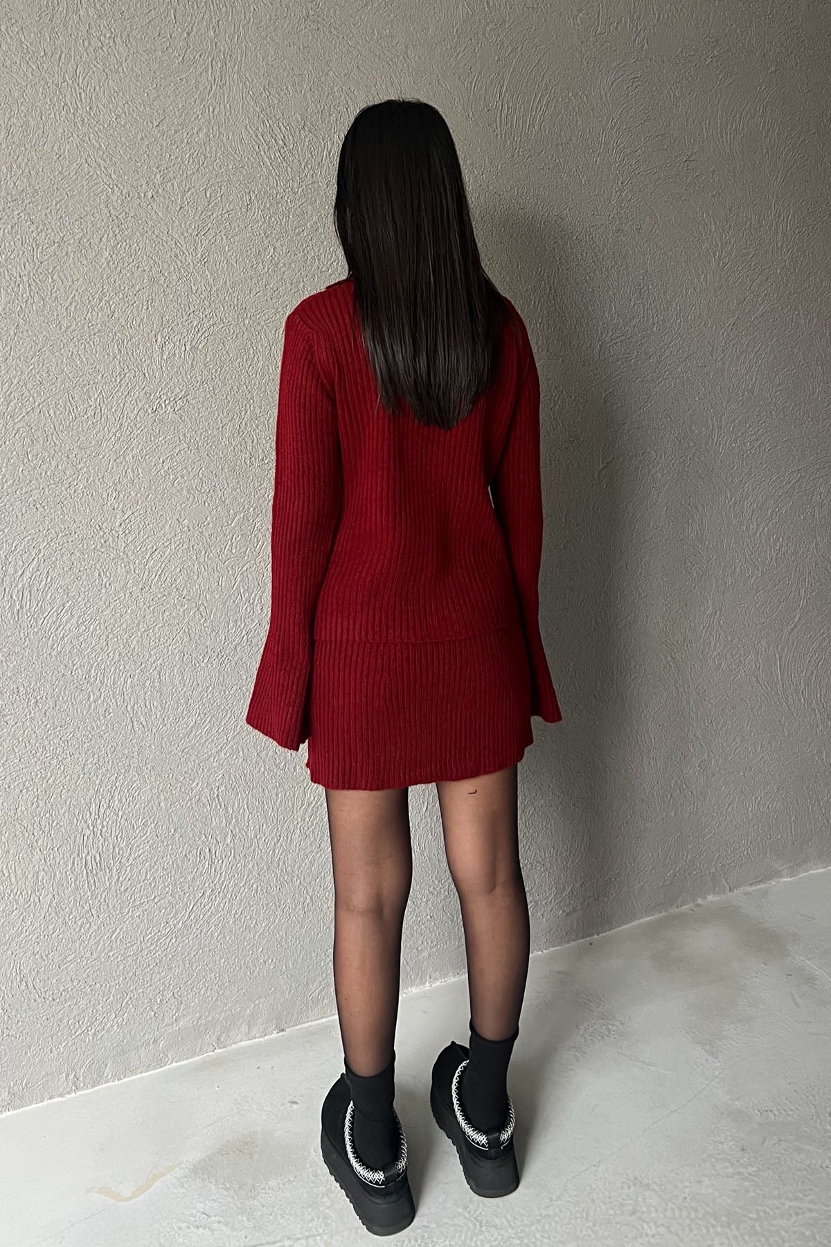 Bordo İspanyol Kol Hırka ve Etek Triko Takım SY-2785-Bordo