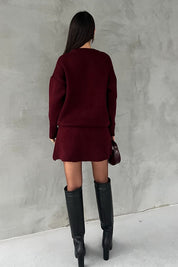 Bordo Bisiklet Yaka Mini Etek Kazak Takım SY-2811-Bordo