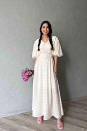 Pembe Puantiye Desenli Düğme Detaylı Balon Kol Elbise (Kemersiz) SY-3377