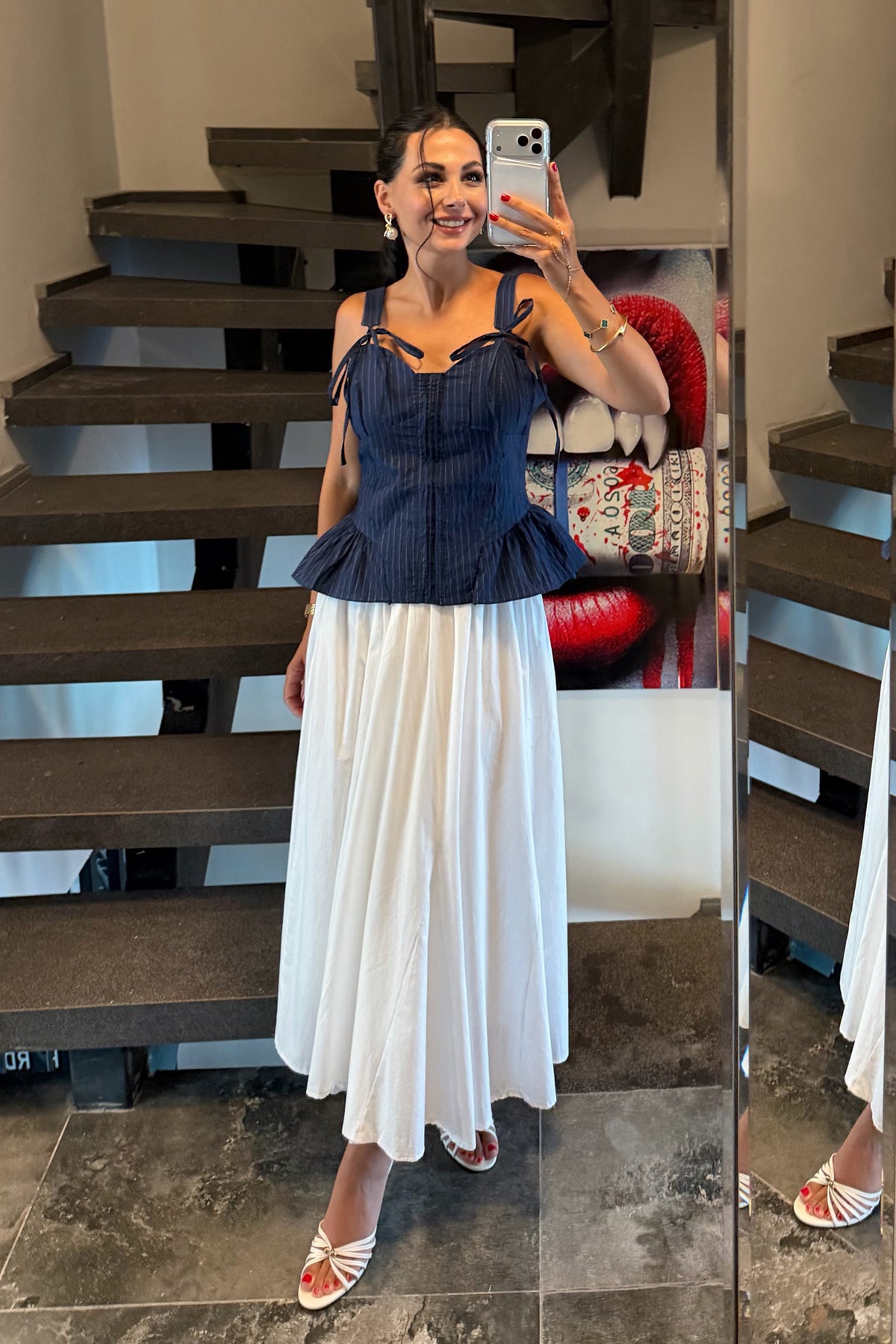 Çizgili Lacivert Korse Bluz SY-3750-Lacivert