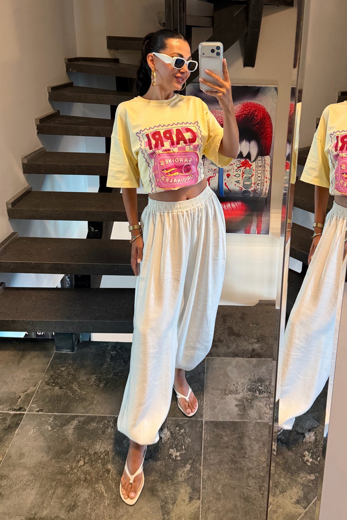 Beyaz Beli Lastikli Şalvar Pantolon SY-3761-Beyaz