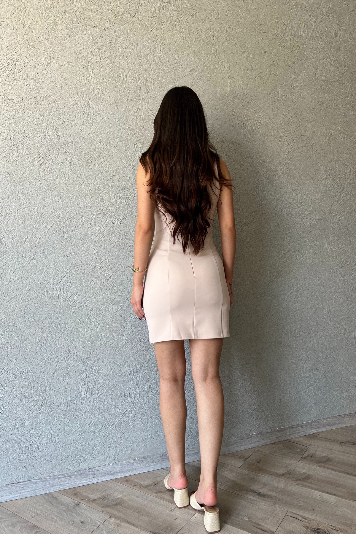 Bej Kare Yaka Detaylı Elbise SY-2031-Bej