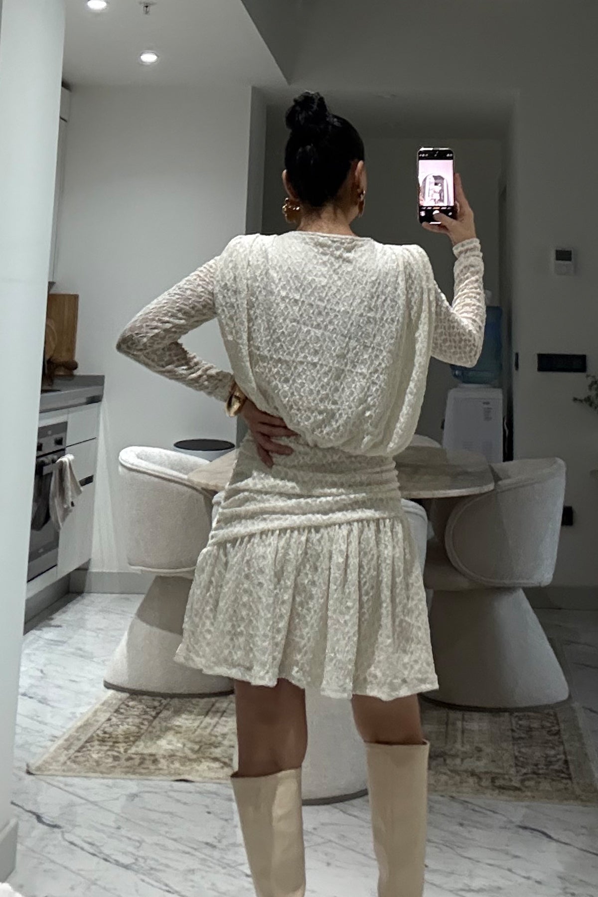 Ekru Güpürli Midi Tasarım Elbise SY-3489-Ekru