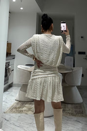 Ekru Güpürli Midi Tasarım Elbise SY-3489-Ekru