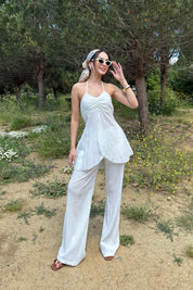 Beyaz Volan Detaylı Bluz ve Pantolon Takım SY-3190-Beyaz