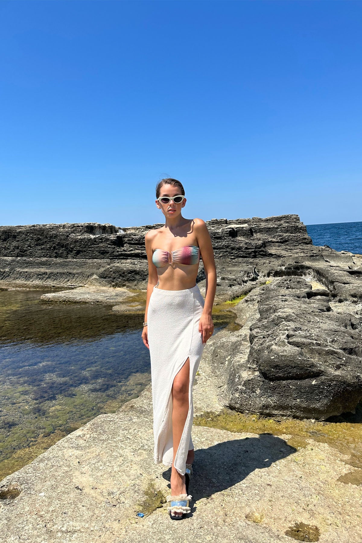 Bej Merserize Yırtmaçlı Çan Etek SY-0792-Bej