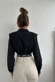 Siyah Slogan ve Lastik Detaylı Vatkalı Crop Gömlek SY-0082-Siyah
