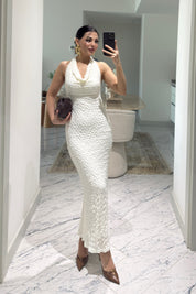 Beyaz Dantel Detaylı Degaje Yaka Elbise SY-3640-Beyaz