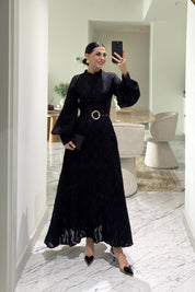 Murhpy Altın Tokalı Kemer Detaylı Jakarlı Elbise SY-2935-Siyah