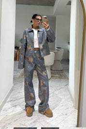 Mavi Çiçek Desenli Denim Ceket SY-3501-Mavi