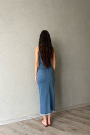 Açık Mavi Önü Düğmeli ve Yırtmaçlı Denim Elbise SY-0551-Açık Mavi