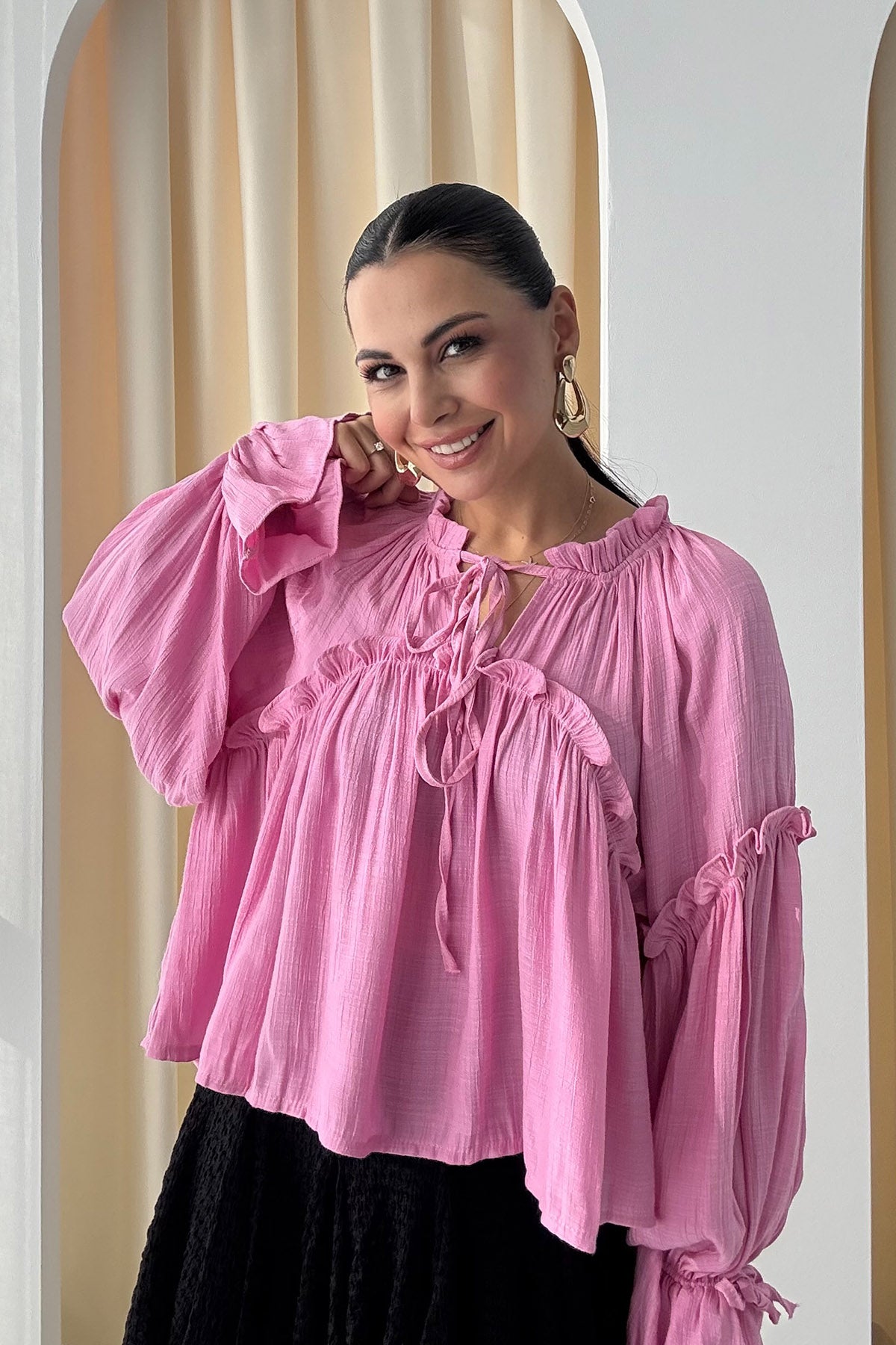 Pembe Bağlama Detaylı Bol Kol Bluz SY-3042-Pembe