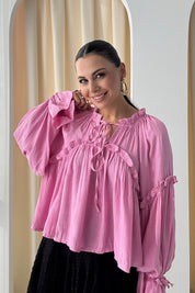 Pembe Bağlama Detaylı Bol Kol Bluz SY-3042-Pembe