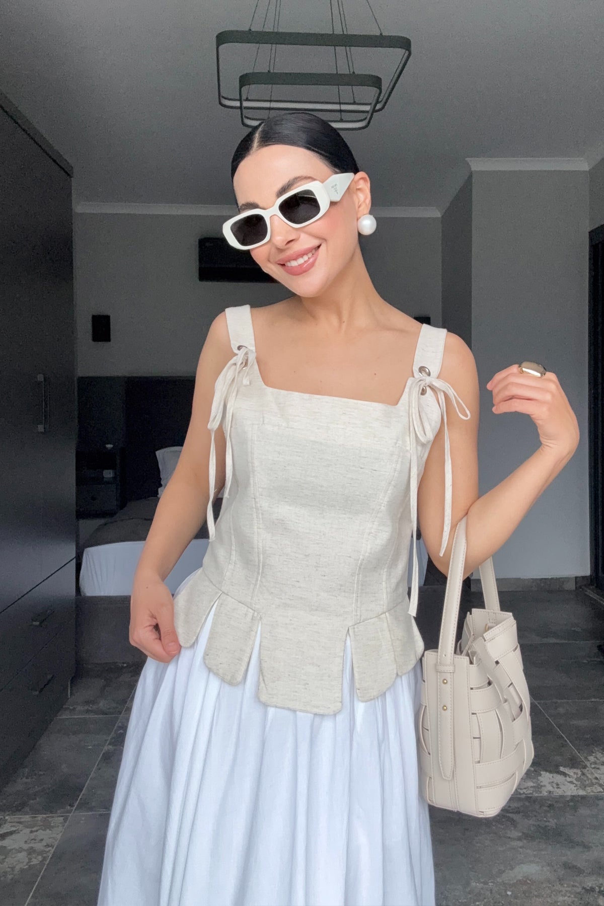 Bej Keten Korse Bluz Sırt Fermuarlı İp Detaylı Büstiyer SY-3707-Bej