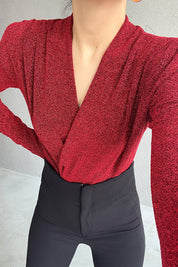 Kırmızı Simli Kruvaze Yaka Vatkalı Çıtçıtlı Body SY-1396-Kırmızı