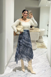 Ekosen Asimetrik Mavili-Yeşil Çizgili Etek SY-3599-Mavi