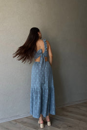 Mavi Desenli Kolu Fırfırlı Bağlamalı Elbise SY-2347-Mavi