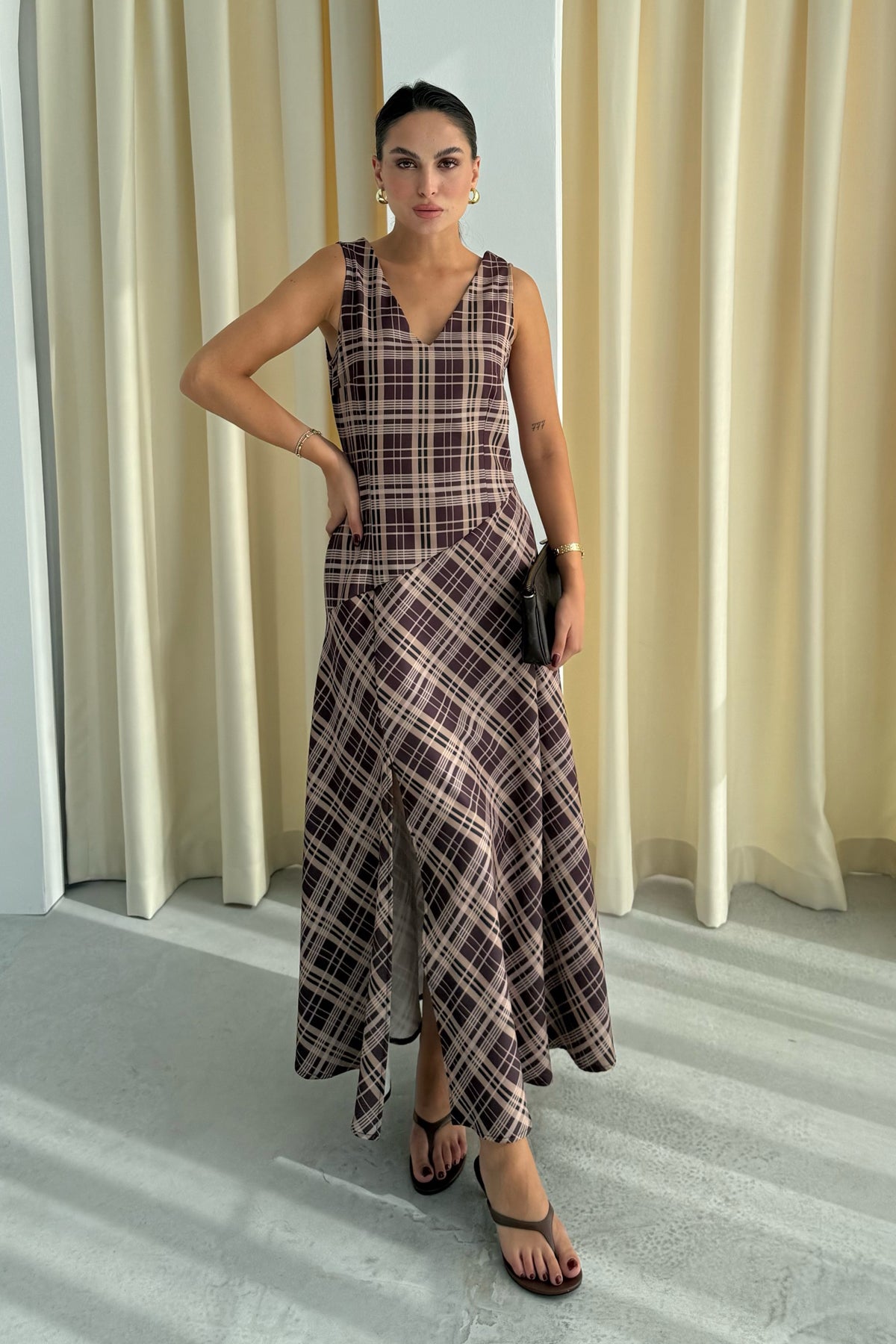 Kahve ZR Model Kalın Askılı Ekoseli Elbise SY-3346-Kahve