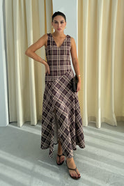 Kahve ZR Model Kalın Askılı Ekoseli Elbise SY-3346-Kahve