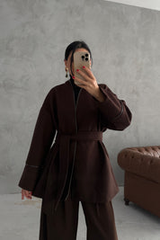 Kahve Deri Biyeli Kemerli Palto Ceket SY-3484-Kahve