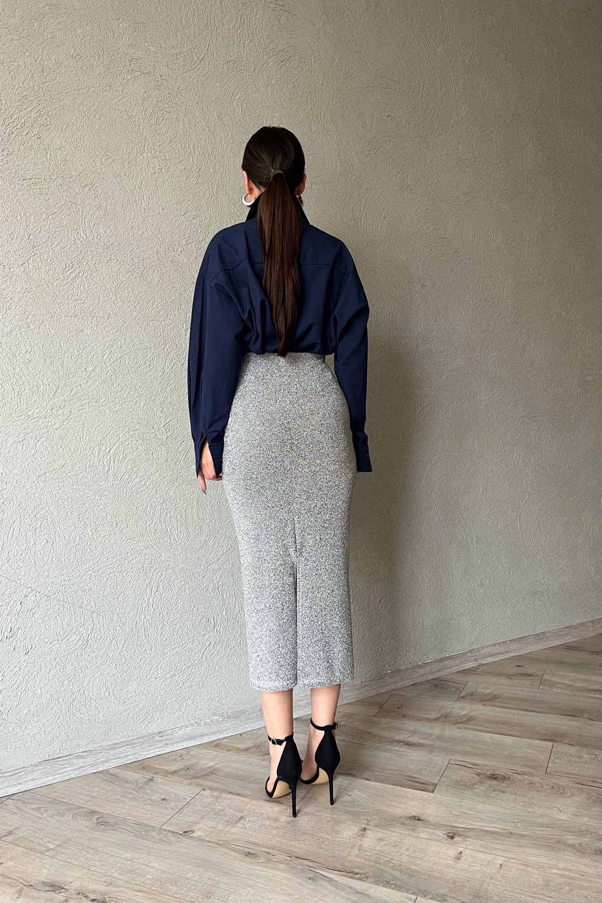 Gümüş Simli Beli Lastikli Kalem Etek SY-1522-Gümüş