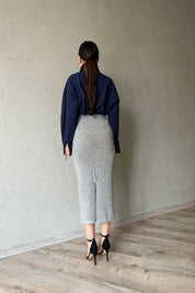 Gümüş Simli Beli Lastikli Kalem Etek SY-1522-Gümüş