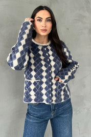 Beyaz Mavi Bisiklet Yaka Hırka SY-2821-Mavi