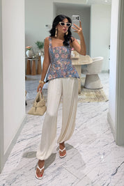 Flora Çiçek Desenli Vintage Korse Bluz SY-3820-Mavi