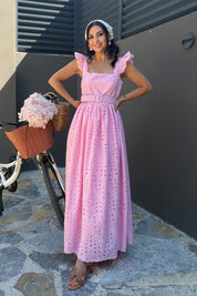 Luna Pembe Brode Elbise - Kemerli Dantel Detaylı Yazlık Elbise SY-3739-Pembe